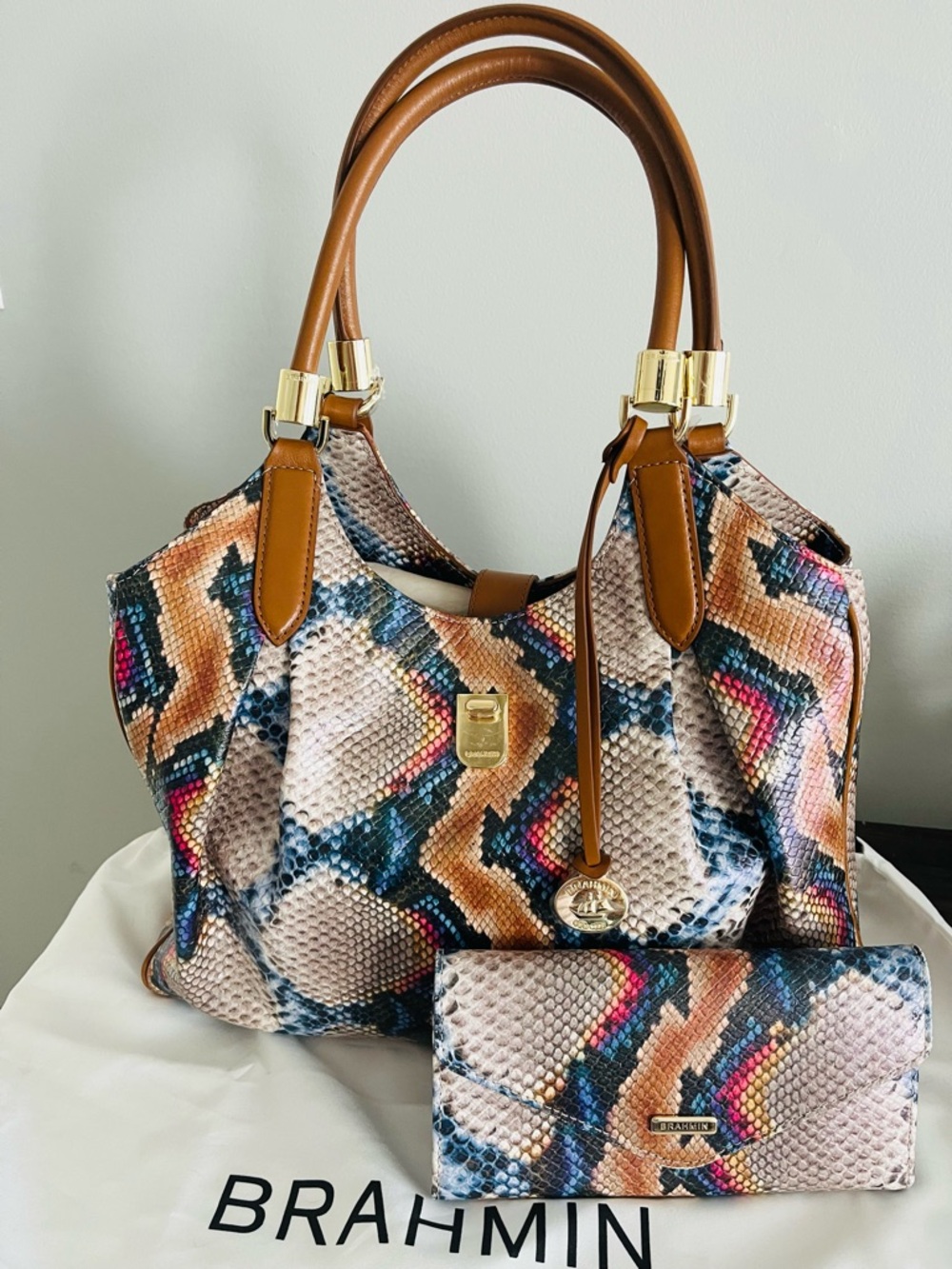 Brahmin Multicolor Snake-Embossed Tote with Tan Leather Handles